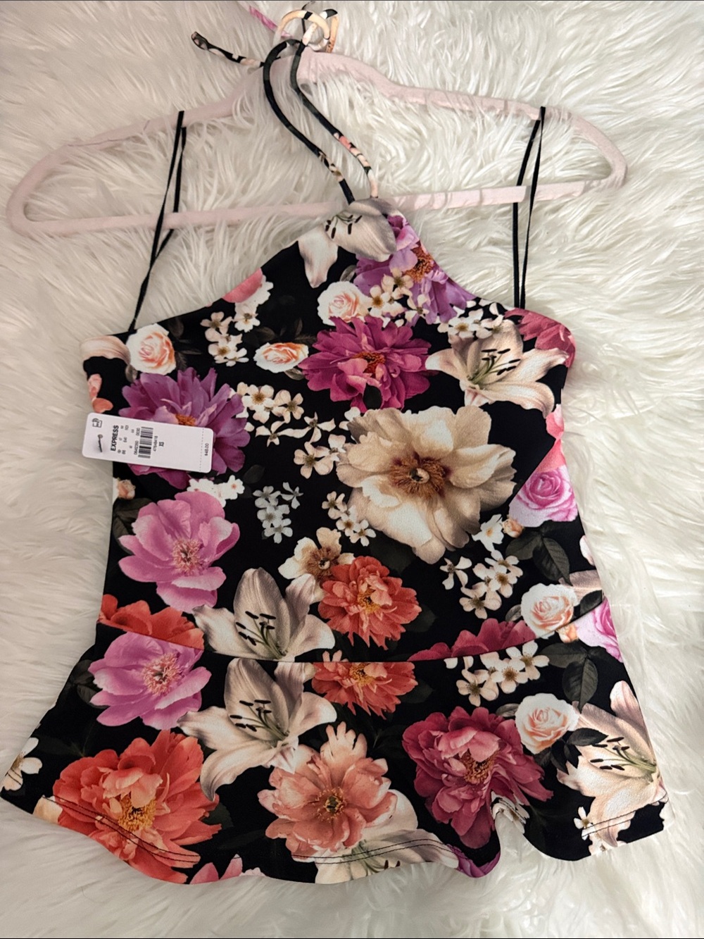 Express Floral  Halter Spaghetti Strap Tank Top - Black/Multi
